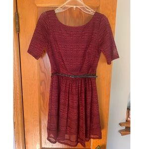 Sequin Hearts Maroon Lace Dress w/ removable belt